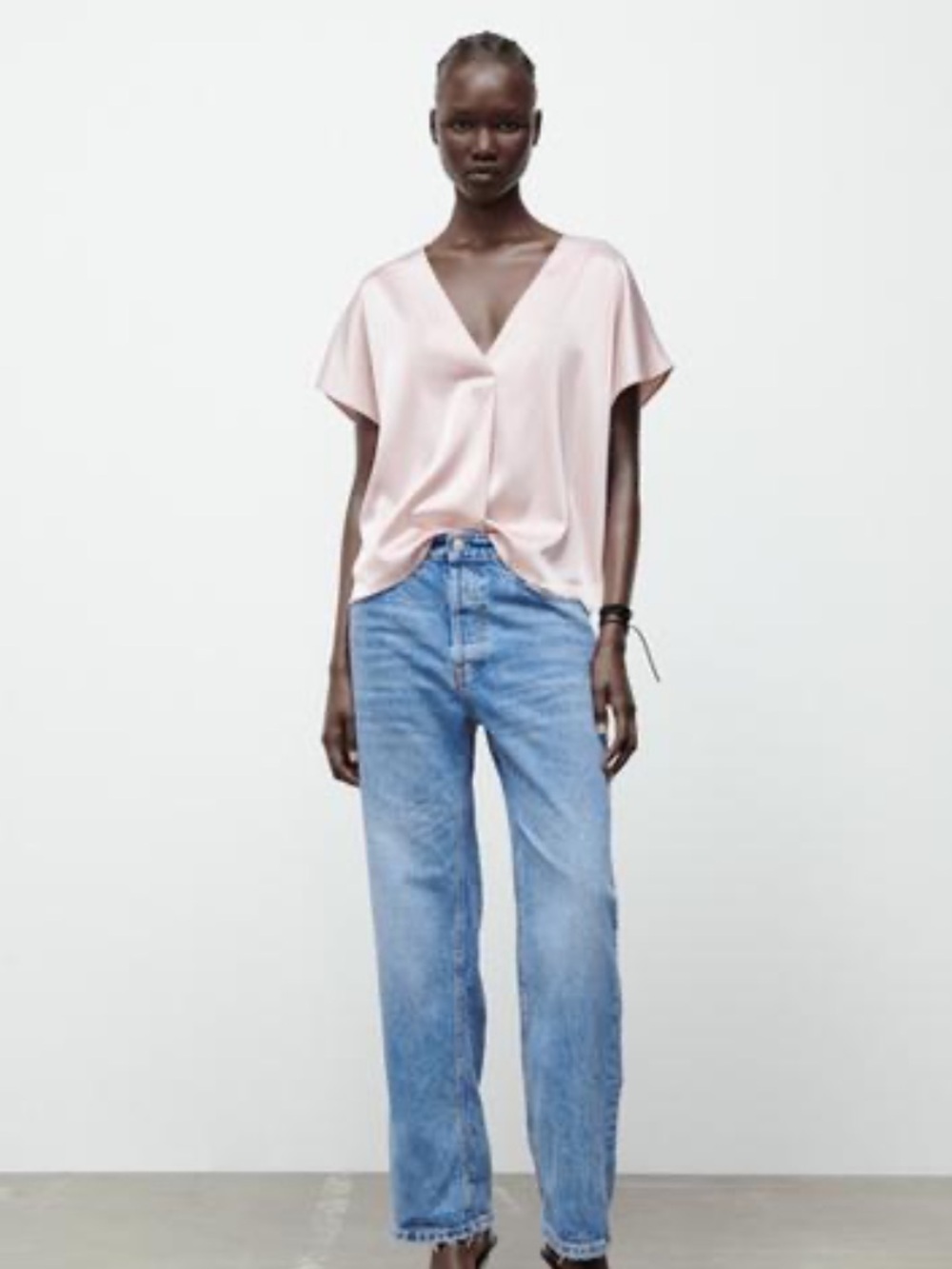 NWT Zara Satin Short Sleeve Blouse in Blush Pink Size Small